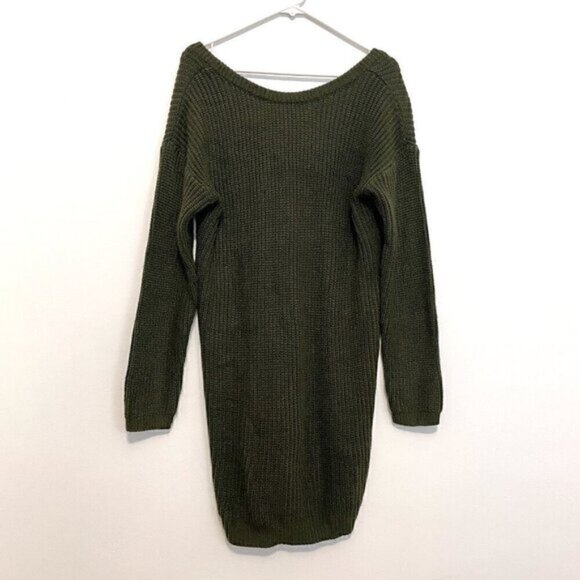LULUS LULU'S Bringing Sexy Back Backless Sweater Dress Olive Green V-Neck Back M - Picture 3 of 15